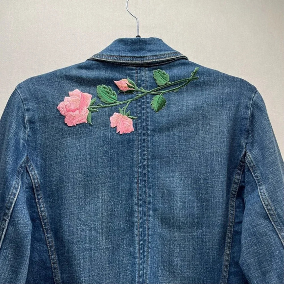 Free People Embroidered Demin Jacket Womens Size M Military Band Cropped Blue - Picture 5 of 11